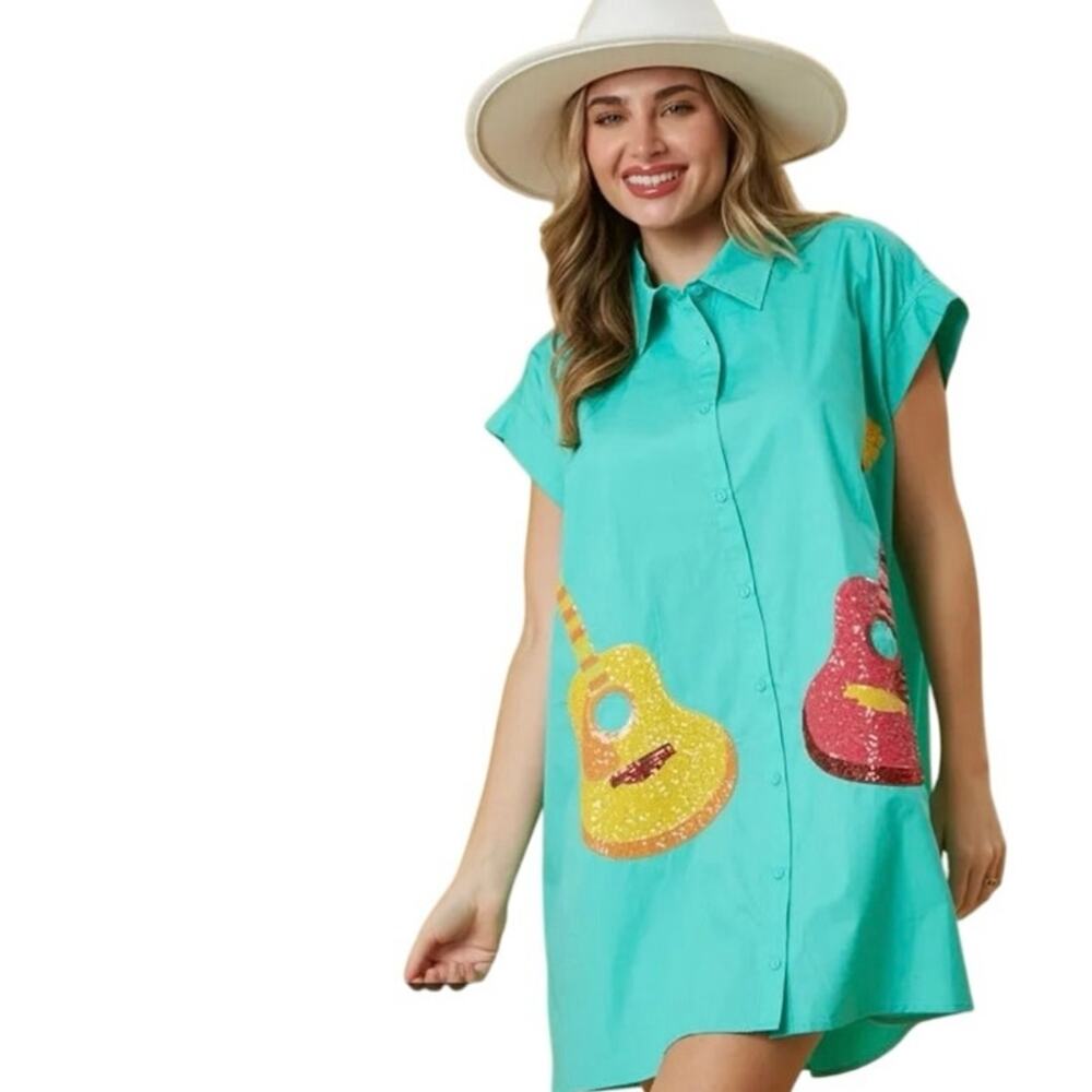Peach Love California Guitar Sequin Tunic Shirt Dress Large 100% Cotton Teal